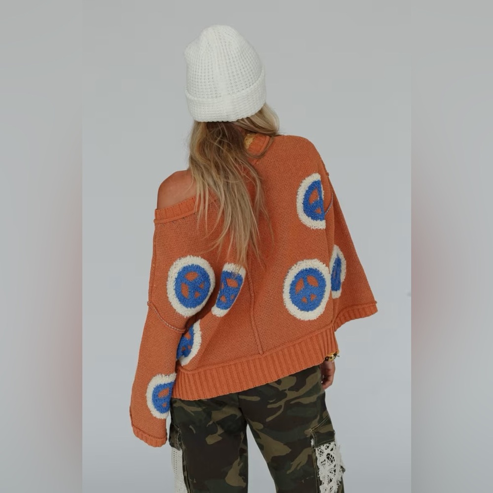 Three Bird Nest • Orange & Blue Chenille Peace Sign V Neck Sweater • Oversized - Picture 8 of 10